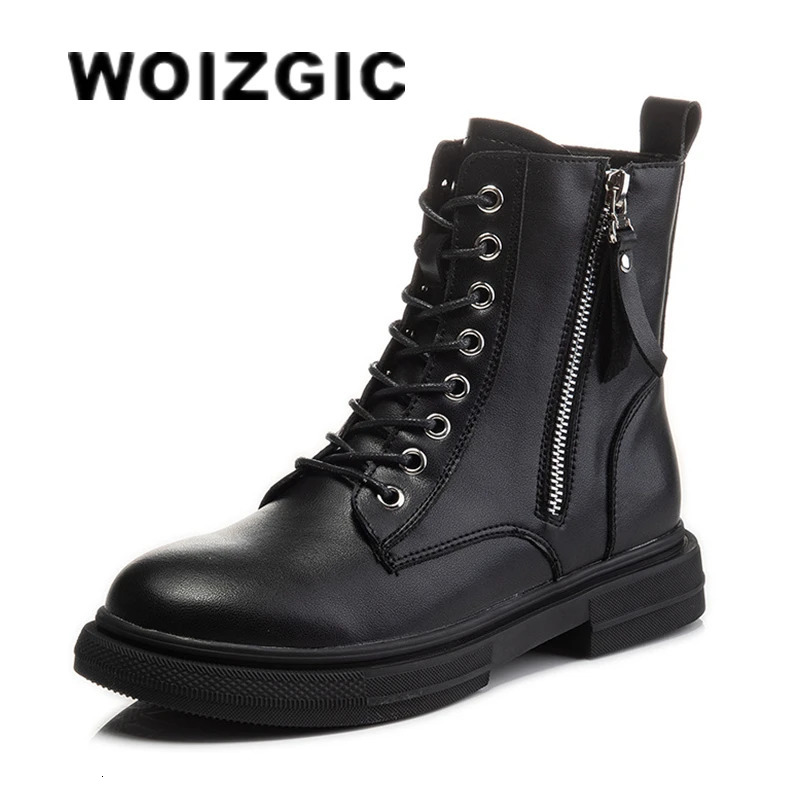 WOIZGIC Womens Ladies Genuine Leather Female Shoes Ankle Boots Platform Lace Up Warm Winter Autumn Fur Plush Motorcycle 260724