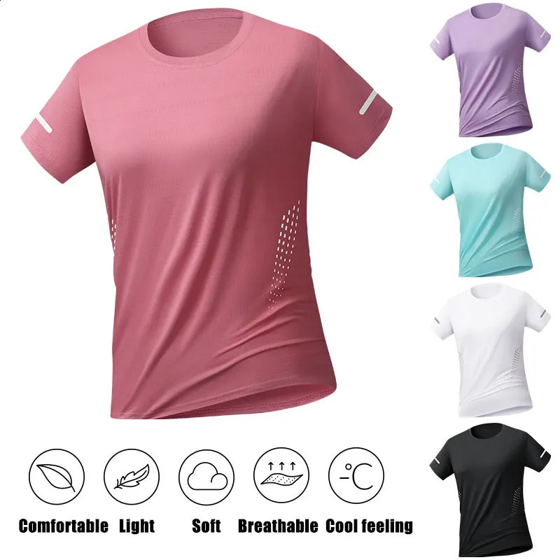 Womens Summer Running T-Shirt Training Jogging Moisture Wicking T-Shirt Women Fitness Thin Breathable Ice Silk Short Sleeves 260723
