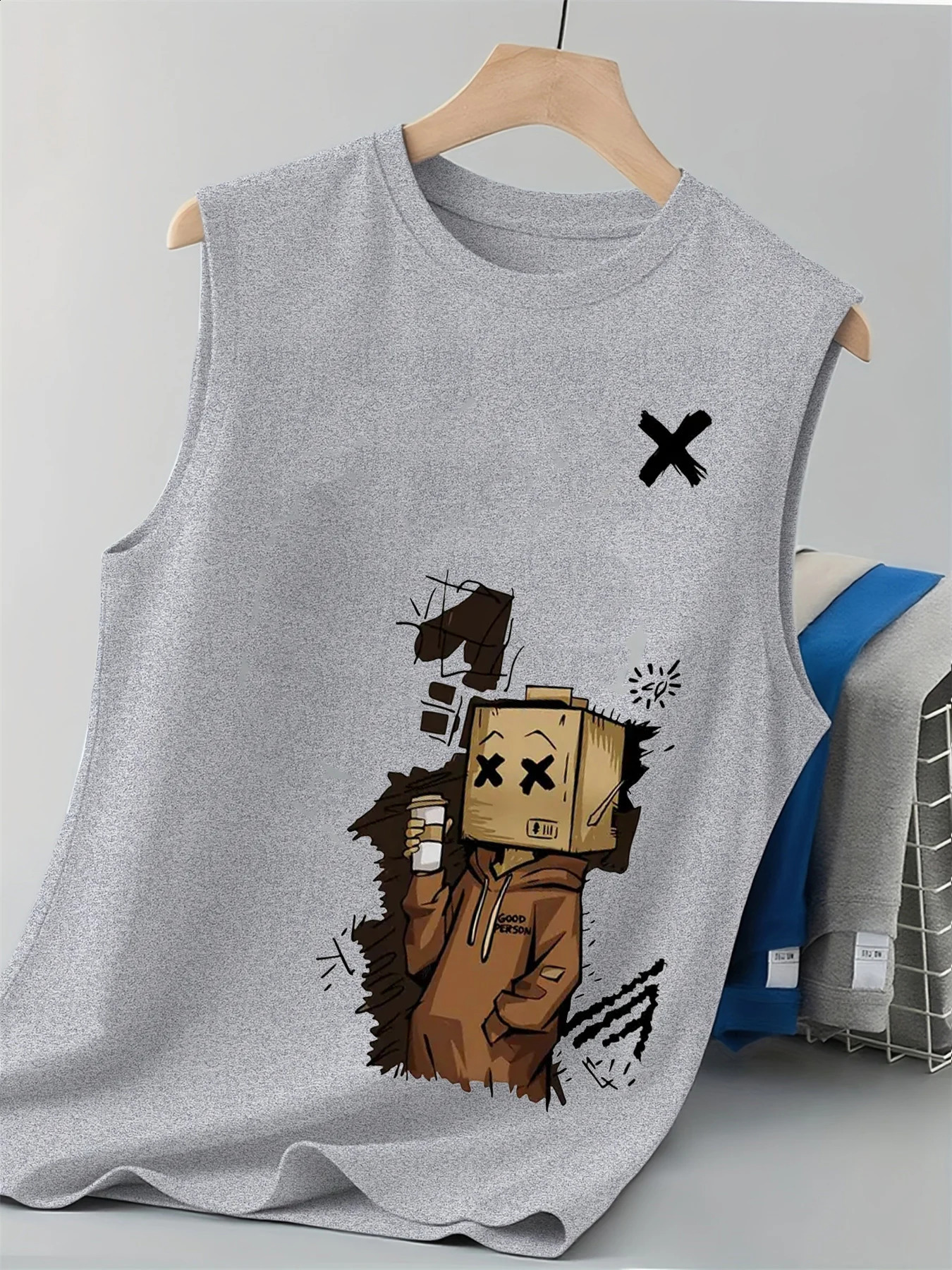 100 pure cotton mens summer fashion casual sports loose trend doll graffiti print breathable round neck sleeveless vest 260723BJ