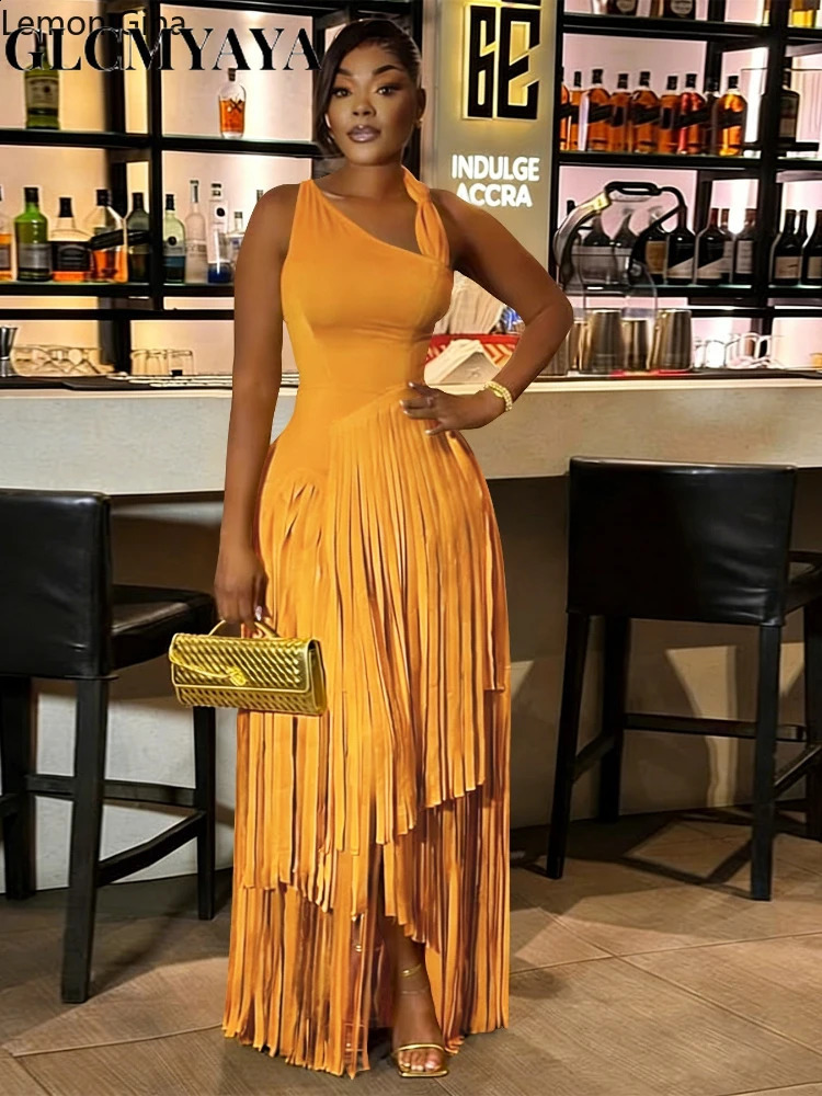 CMYAYA Women Birthday Party for 2026 Summer Slim Elegant Sleeveless Skew Collar Tassel Long Dresses Street Vintage Dress 260723