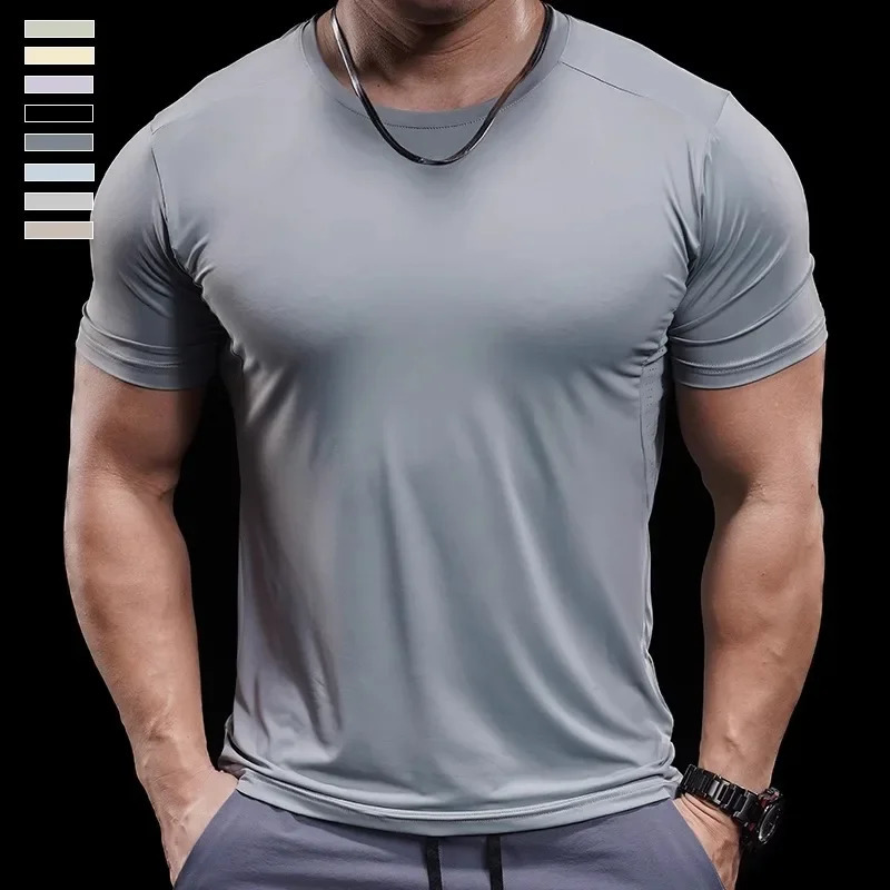 Summer Mens Running Training Sports Gym Fitness High Elastic Quick drying Casual Short sleeved T shirt Tops 260723