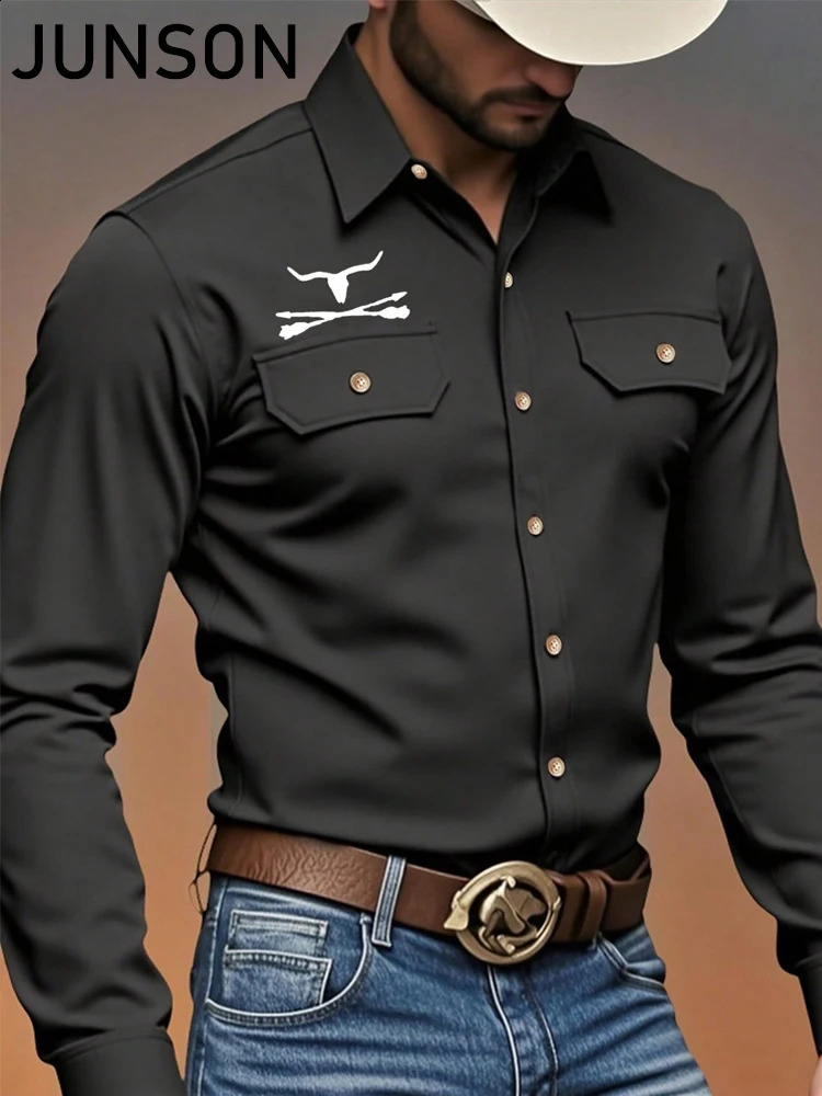Mens Spring and Autumn Longsleeved Lapel Double Pocket Shirt Singlebreasted Western Denim Style Printed Black Cow Hea 260713BANJIA