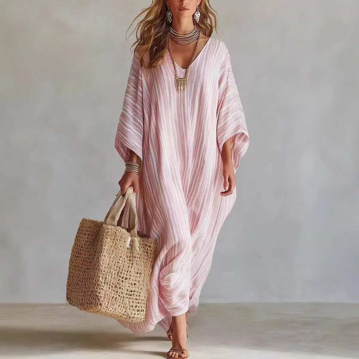Trendy Womens Loose Dress Vneck Bat Sleeves Striped Fashion Pullover Personalized Vacation Casual Versatile Midlength Skirt 260721banjia