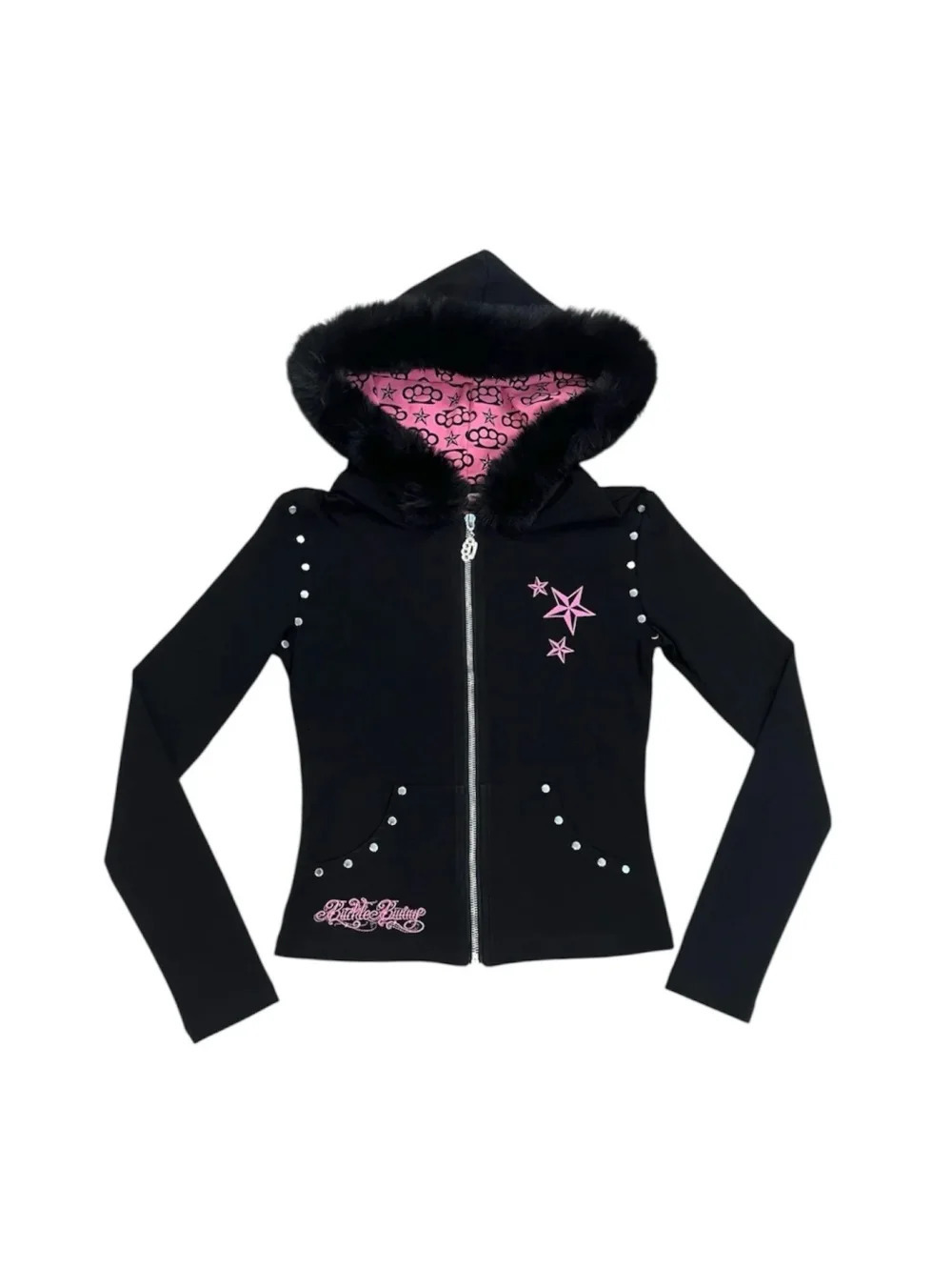 2026 Y2K Punk Harajuku Gothic Hairy Collar Zipper Hoodie Printed Pants Set Street Trendy Fashion ins Niche Girl Hip Hop 260725BJ