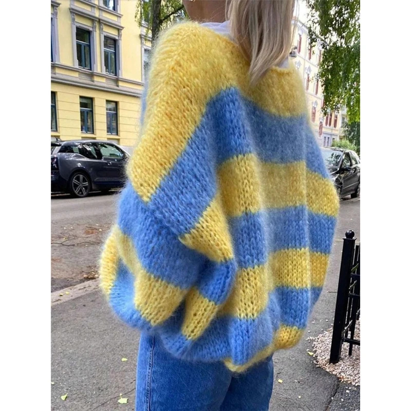 Combhasaki Women Warm Winter Fall Lantern Long Sleeve Sweater Boat Neck Fuzzy Striped Contrast Color Oversized Knitwear Pullover 260723