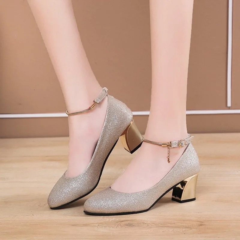 5Cm Mid Heel High Heels Silver Shiny Sequin Party Wedding Shoes Fashion Chunky Heels Chain Ankle Strap Ladies Pumps Plus Size 41 260724
