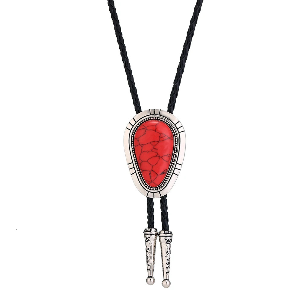 Western Cowboy Polo Tie Drop Natural Stone Zinc Alloy Leather Collar Rope Mens Suit Birthday Banquet Gift 260724BJ