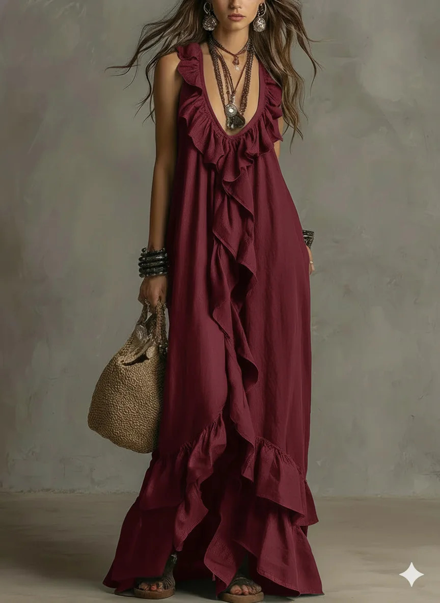 Loose Casual Dress Spring Summer Solid Color Elegant Fashion Bohemian Style Ruffled Loose Waist Sleeveless V-Neck Long Dresses 260805