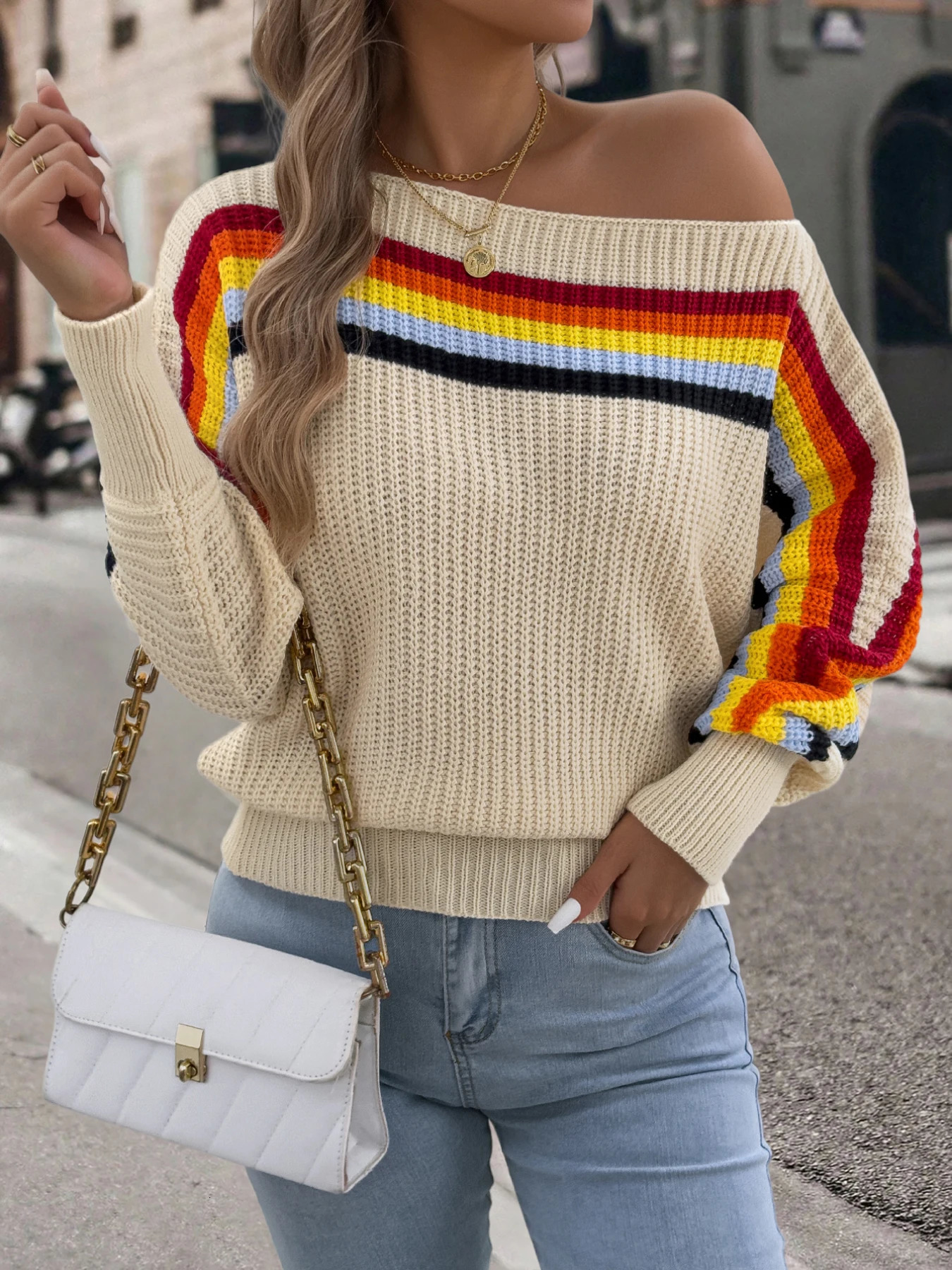 2026 Fashion Contrast Color Striped Sweaters for Women Autumn Winter Casual Round Neck Lantern Long Sleeve Knitted Pullover Tops 260723