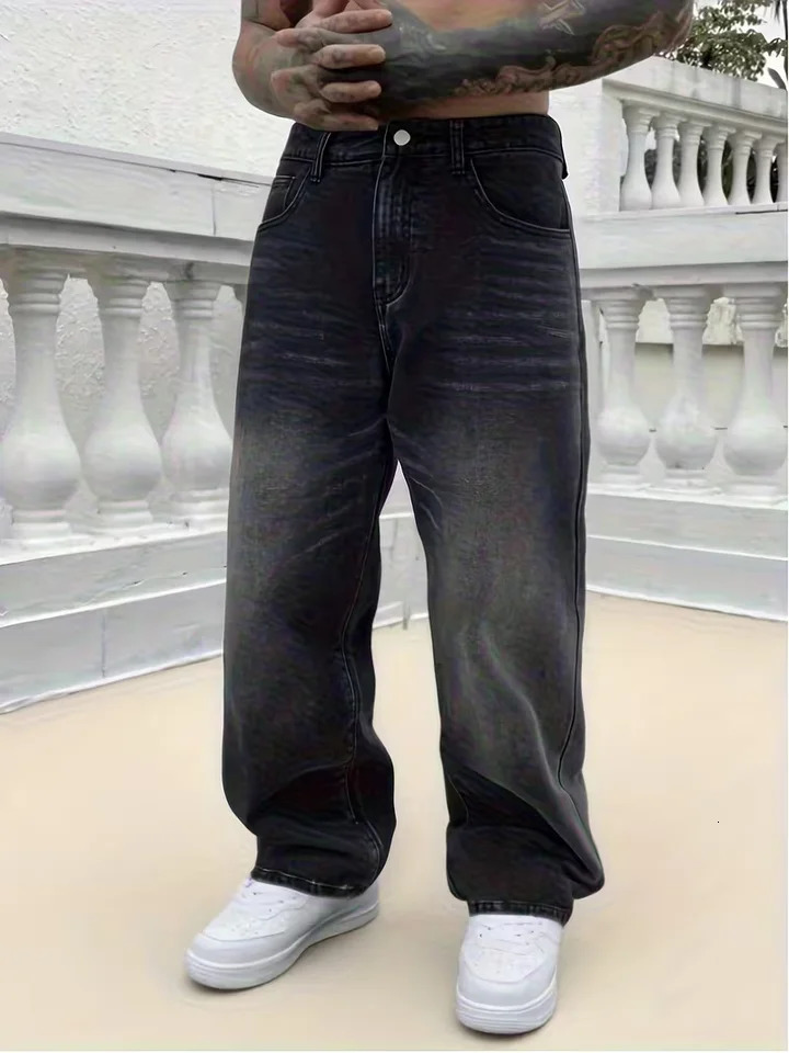 Mens loose wideleg jeans black washed nonstretch denim pants multipocket n suitable for daily casual wear 260725BJ