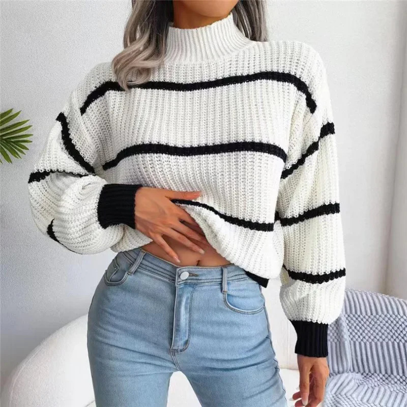 Women Striped Sweaters Half High Collar Splice Full Sleeve Top Pullovers Knit Lantern Sleeve Casual Office Lady Winter 260723