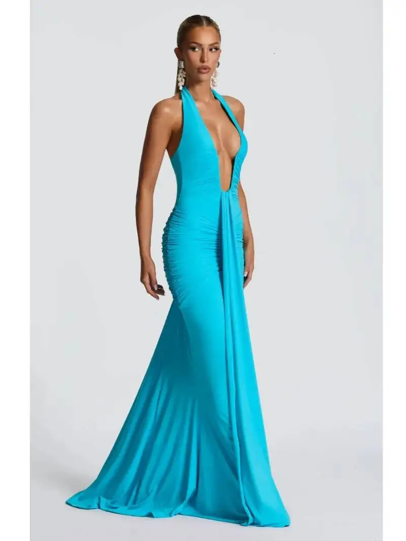 Deep V Neck Draped Ruched Sexy Maxi Dres Summer Fashion Halter Sleeveless Backless Club Party Long Elegant BM98 260721banjia