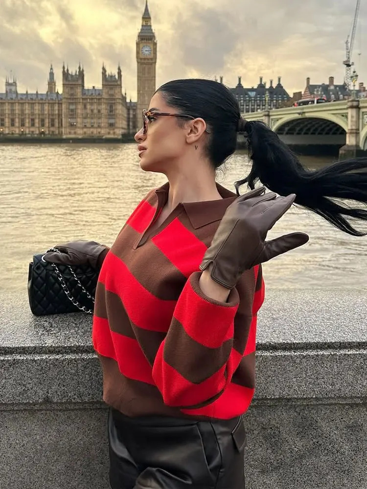 HH Women Casual Striped Sweater Knit Tops Polo Neck Loose Long Sleeve Sweater Pullover Spring Y2K Vintage Fashion Streetwear 260723