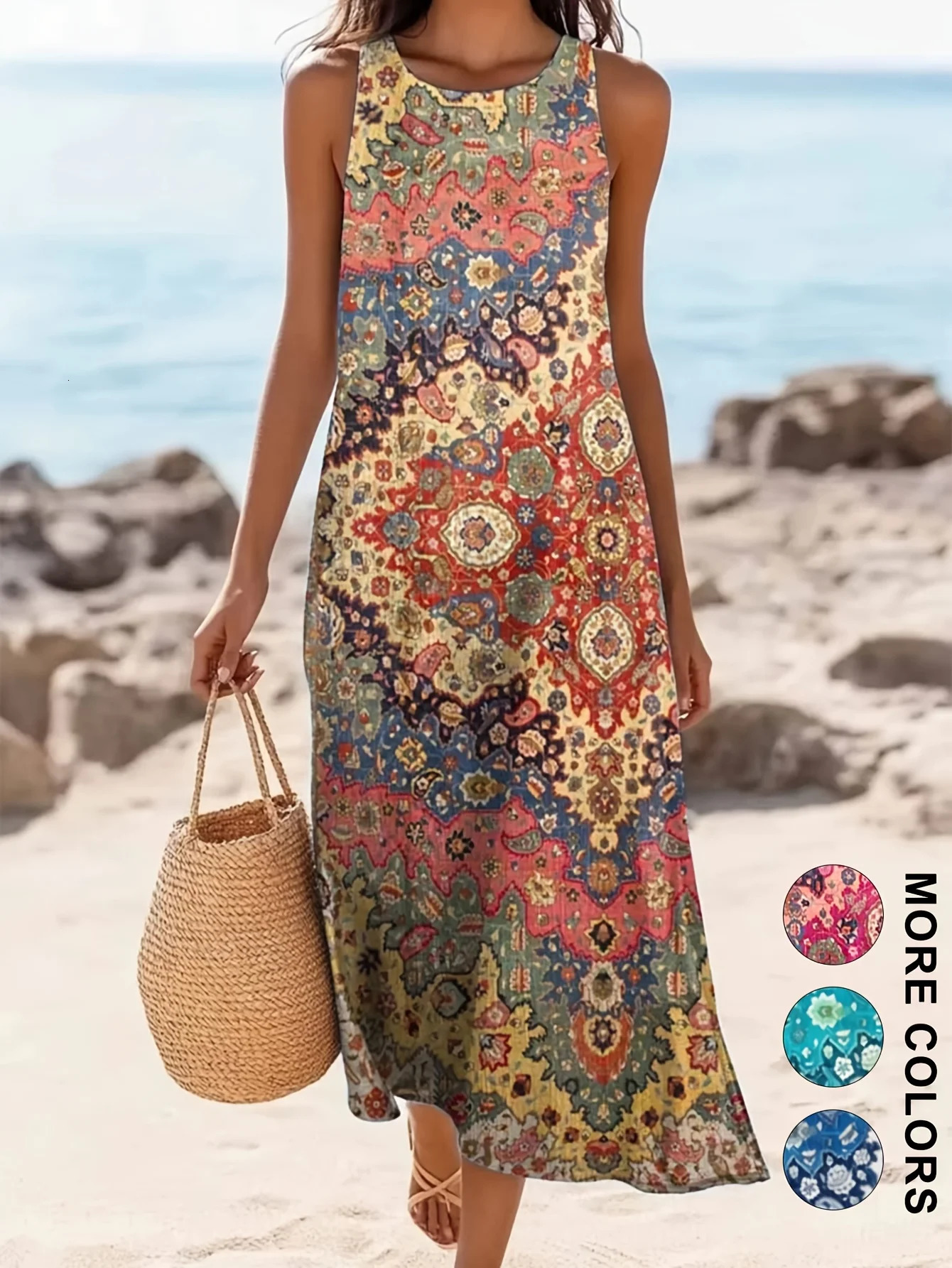 2026 Womens sleeveless Bohemian floral casual beach MIDI sundress with pockets flowing and loose Sweetheart Rustic Country 260721banjia