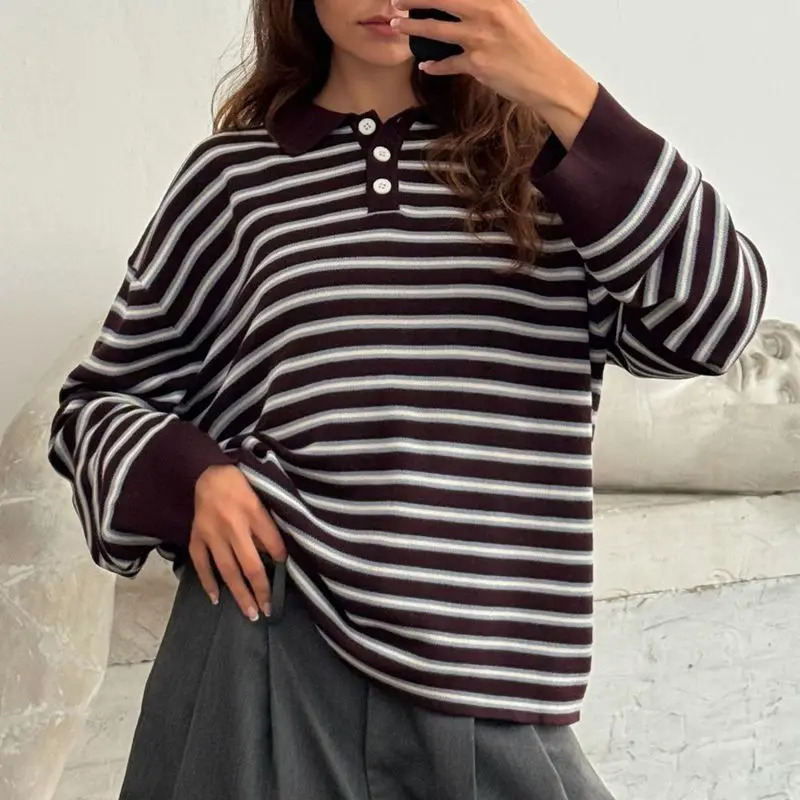 Combhasaki Women Y2K Vintage Striped Contrast Color Button Lapel Neck Sweater Loose Fit Casual Long Sleeve Pullover Knitwear Top 260723