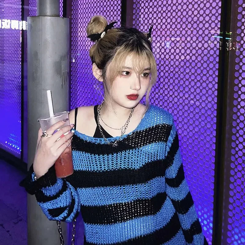 Deeptown Gothic Streetwear Striped Knitted Gothi Sweater Women Harajuku Punk Hollow Out Jumper Hole Loose All-match Tops 260723