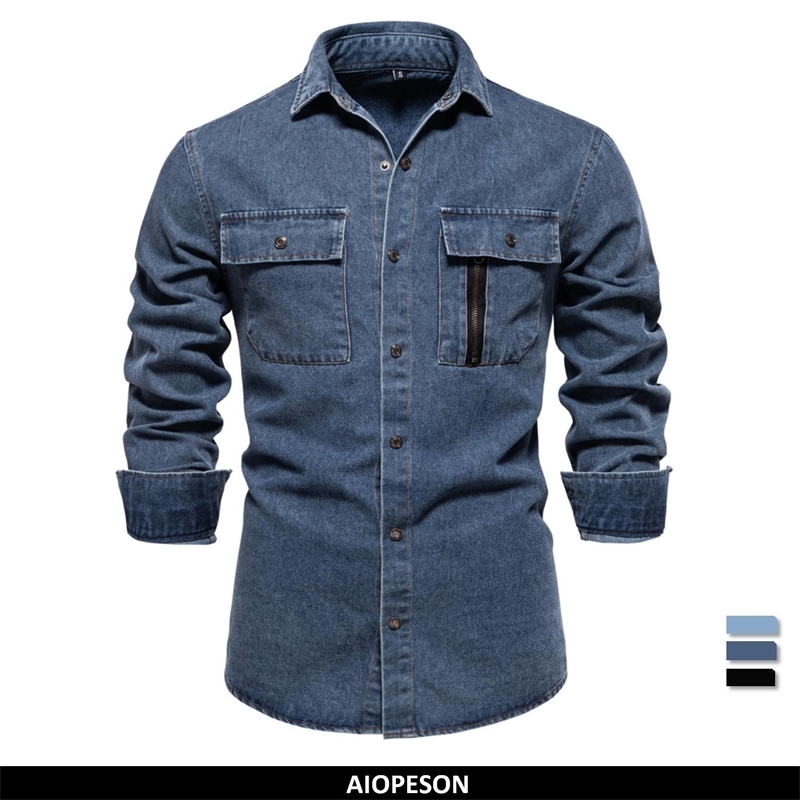 AIOPESON Mens 100 Cotton Denim Shirts Autumn Thick Cowboy High Quality Male Shirt Solid Color Button Casual Jeans y260713BANJIA