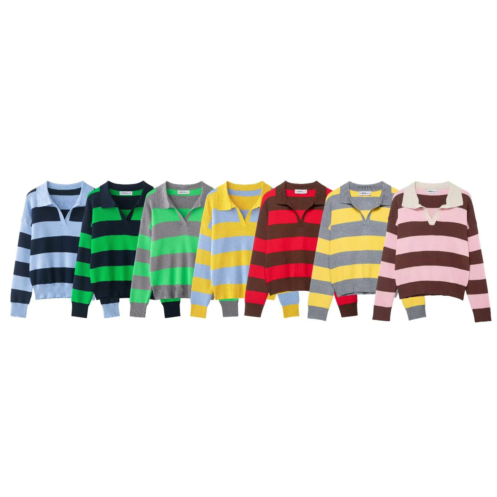 ZERAINS Autumn womens clothing European and American style fashionable loose POLO collar striped knit sweater 260723