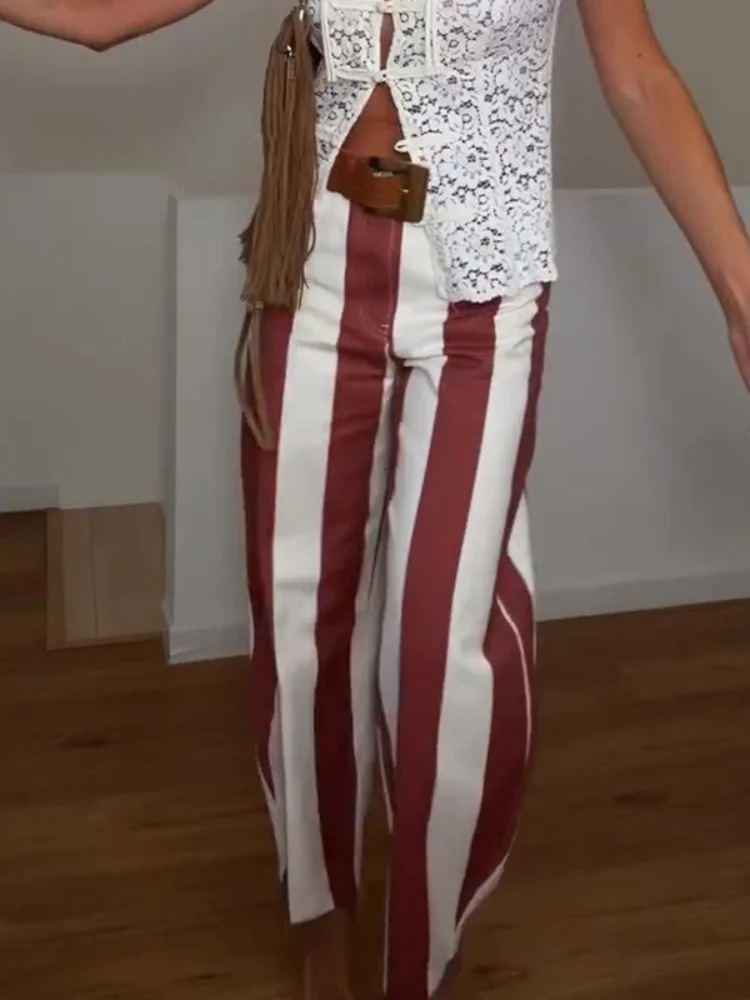 Stripe Loose Womens Pant Holiday Summer High Waist Contrast Zipper Button Female Trousers 2026 Fashion Beach Lady Pants 260723