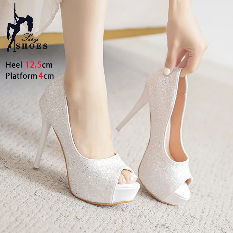 Spring Sexy Peep Toe Single Shoes Bling Sequin Cloth Party Dress High Heels 125CM Stiletto Thick Bottom Women Pumps 260724