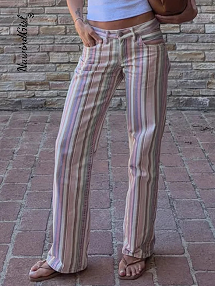 Chic Denim Striped Womens Pants Casual Low-Waist Button Pocket Straight Trousers 2026 Summer Autumn Fashion Female Streetwear 260722BJ