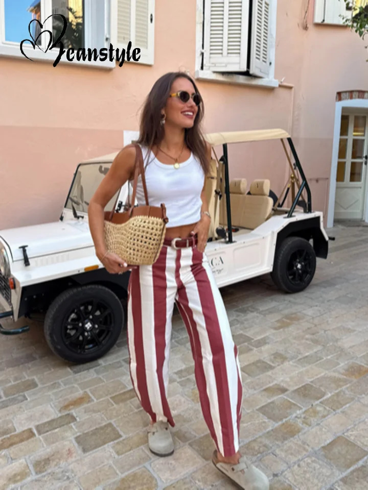 Casual Striped Womens Jeans Mid-rise Single Button Pockets Lady Curved-leg Pants 2026 Spring Summer Fashion Female Trousers 260722BJ