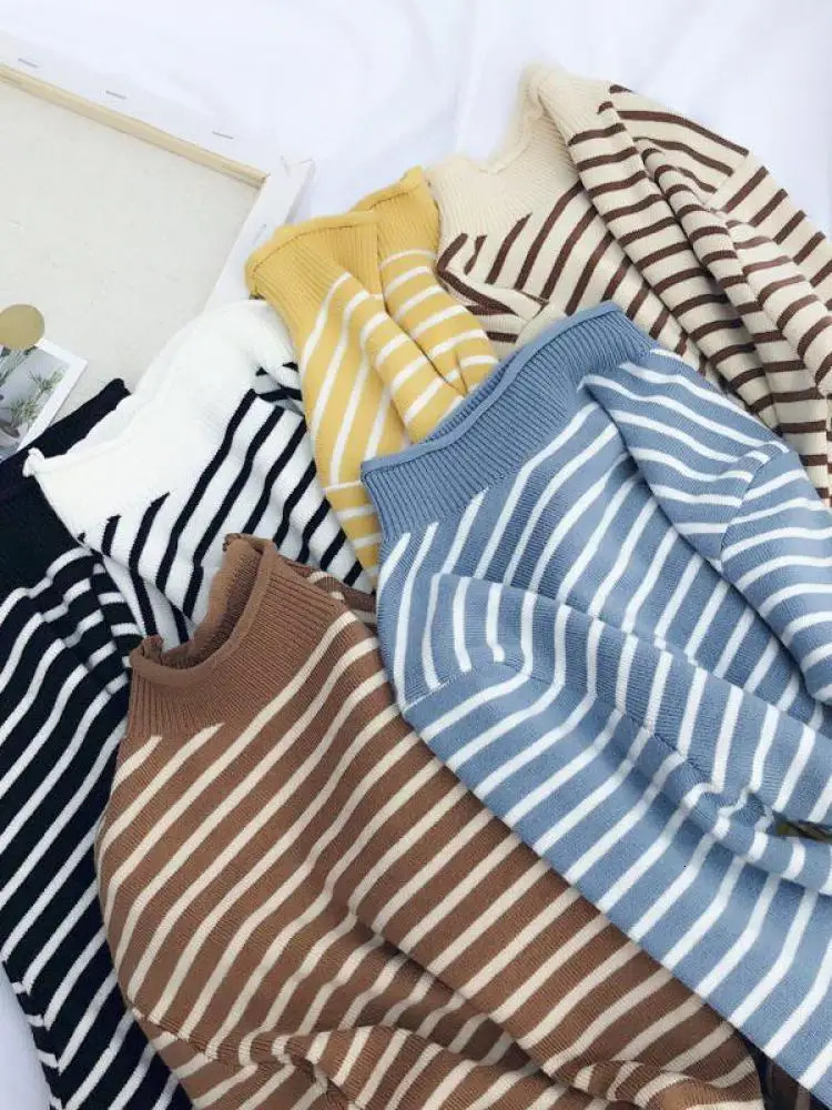 Autumn Winter Women Mock neck Sweaters Pullover Tops Fashion Female Skinny Elastic Long Sleeve Casual Striped Knitted Shirts 260723