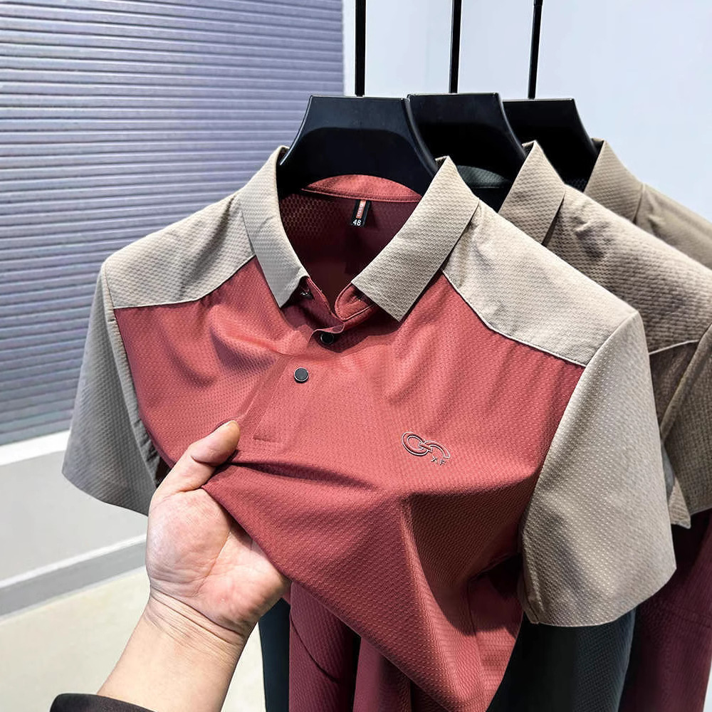 Summer Men Color Block Short Sleeve Polo Shirt Ice Silk Waffle Mesh Fabric Chest Interlock Ring Embroidery Side Split Hem Breathable Quick Dry Slim