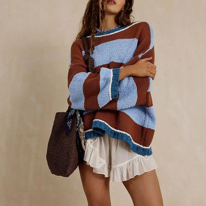 Combhasaki Women Y2K Cute Crew Neck Sweater Casual Aesthetic Striped Contrast Color Loose Fit Pullover Basic Knitwear Streetwear 260723