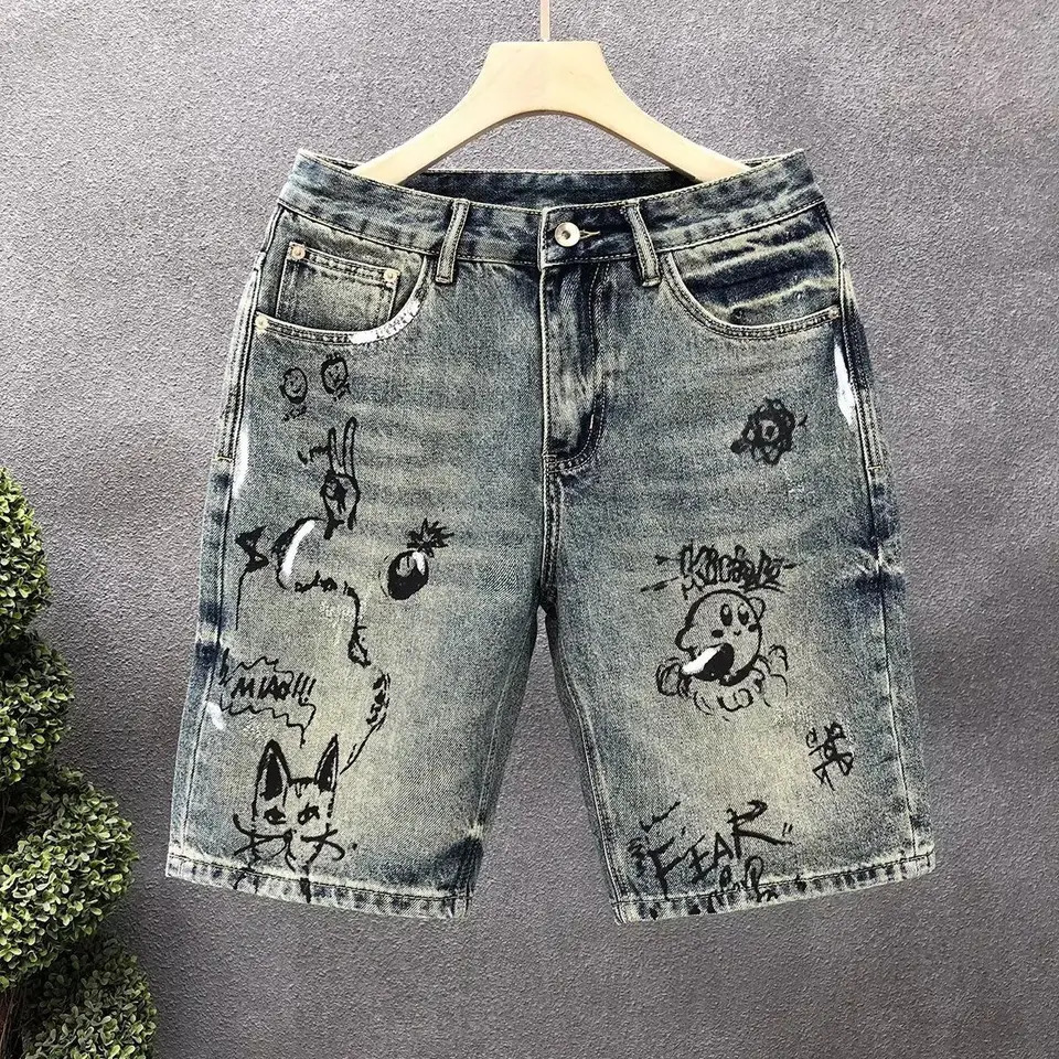Hiphop Cartoon Printed Denim Shorts Mens Summer Trendy 5 Fivepoint Pants 2025 Loose Straight Short 260721banjia
