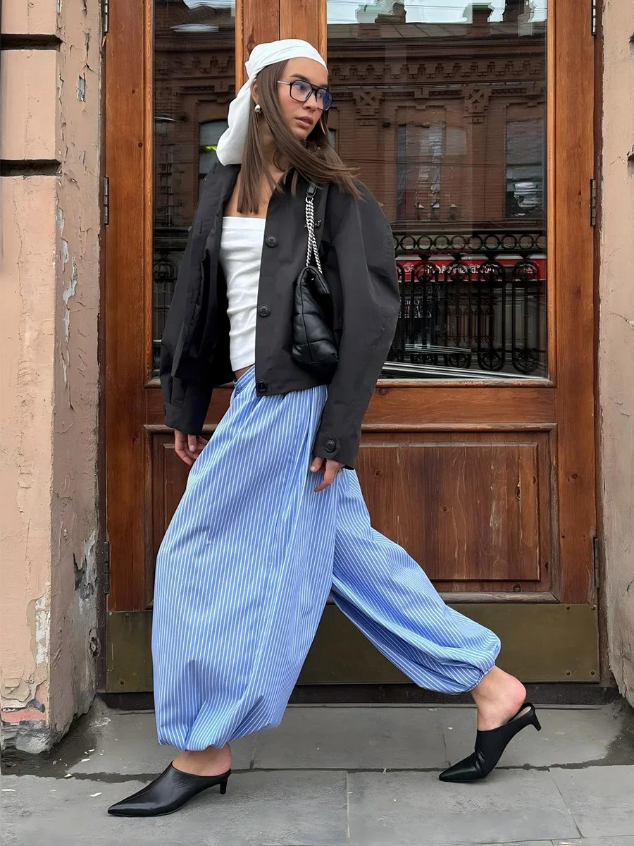 Wolfeel Summer Womens Cotton Thin Striped Baggy Lantern Pants Fashion Elastic Waist Casual Streetwear Trousers 260723