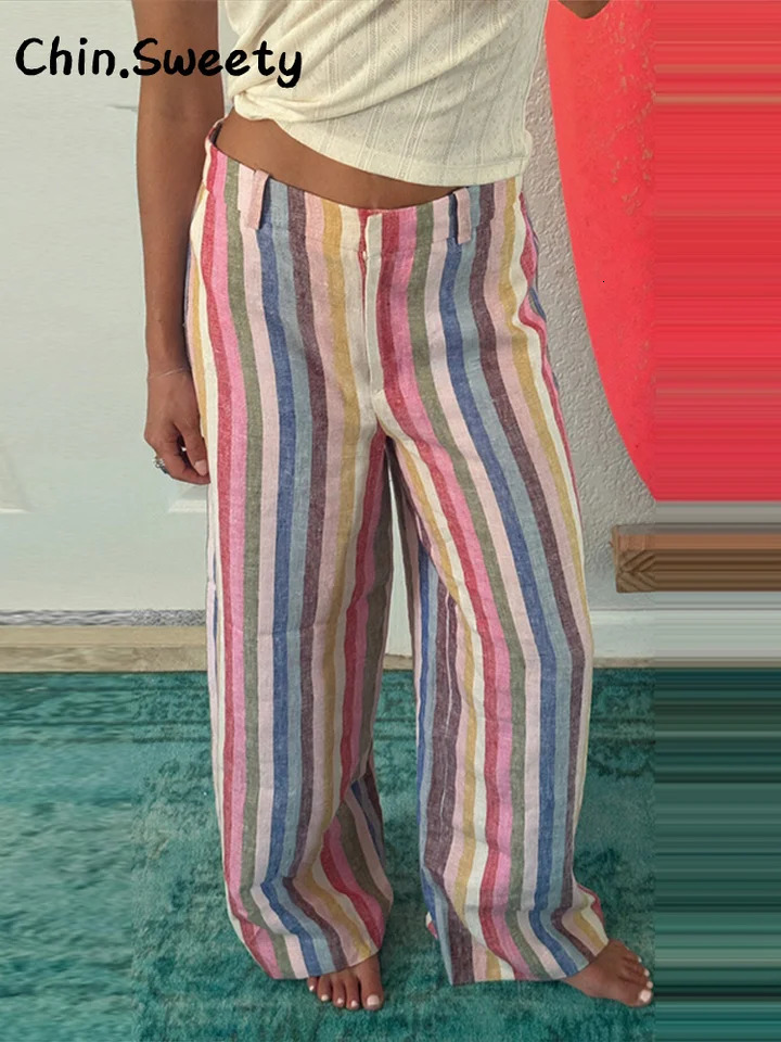 Casual Womens Colorful Striped Pant Loose Zipper Pockets High Waist Straight Leg Pants 2026 Spring Summer Lady Street Trousers 260723
