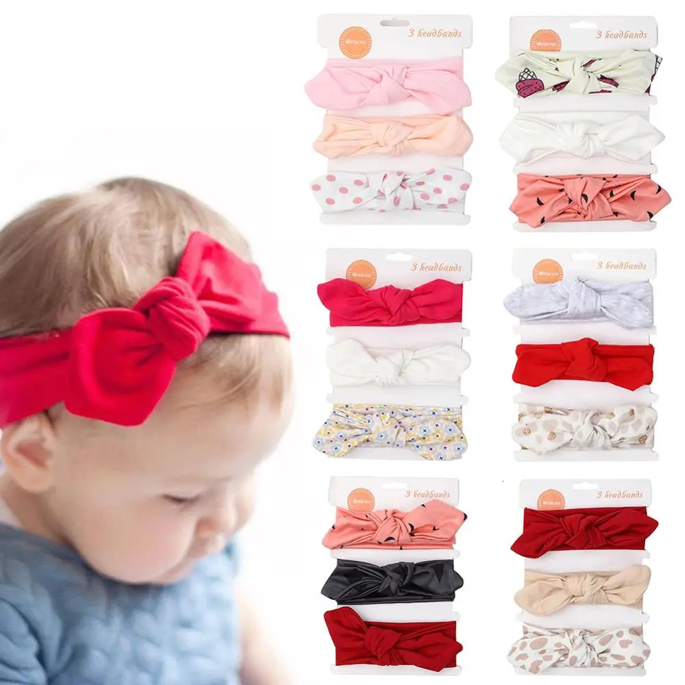 3PcsSet Solid Cotton Baby Headband with Card Heart Striped Print Bow Tie Knot Hair Band For Girls Headwrap born Accessories 260725BJ