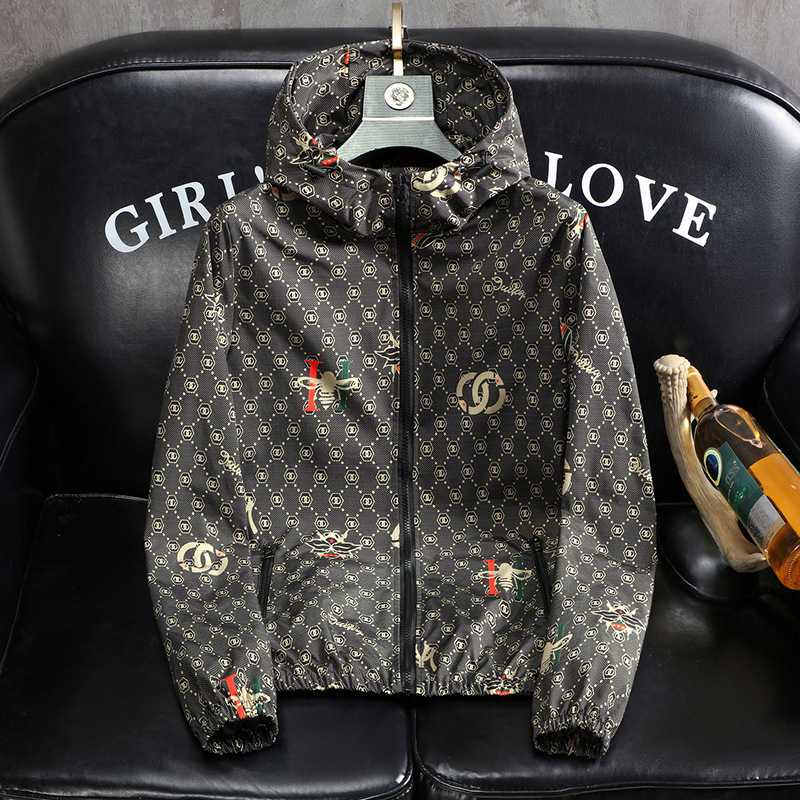 Spring Autumn Slim Fit Casual Hooded Outer Coat For Men All Over Grid Bee Letter Print Elastic Cuff Hem Breathable Thin Material All Year Daily Chic