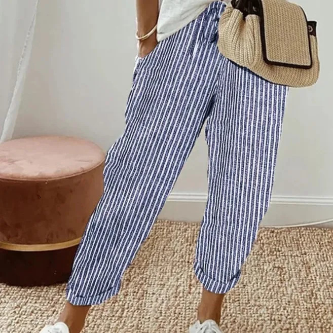 Womens Trousers Stripes Casual Loose Fashion Elastic Waist Pocket Straight Basic Pants 260723