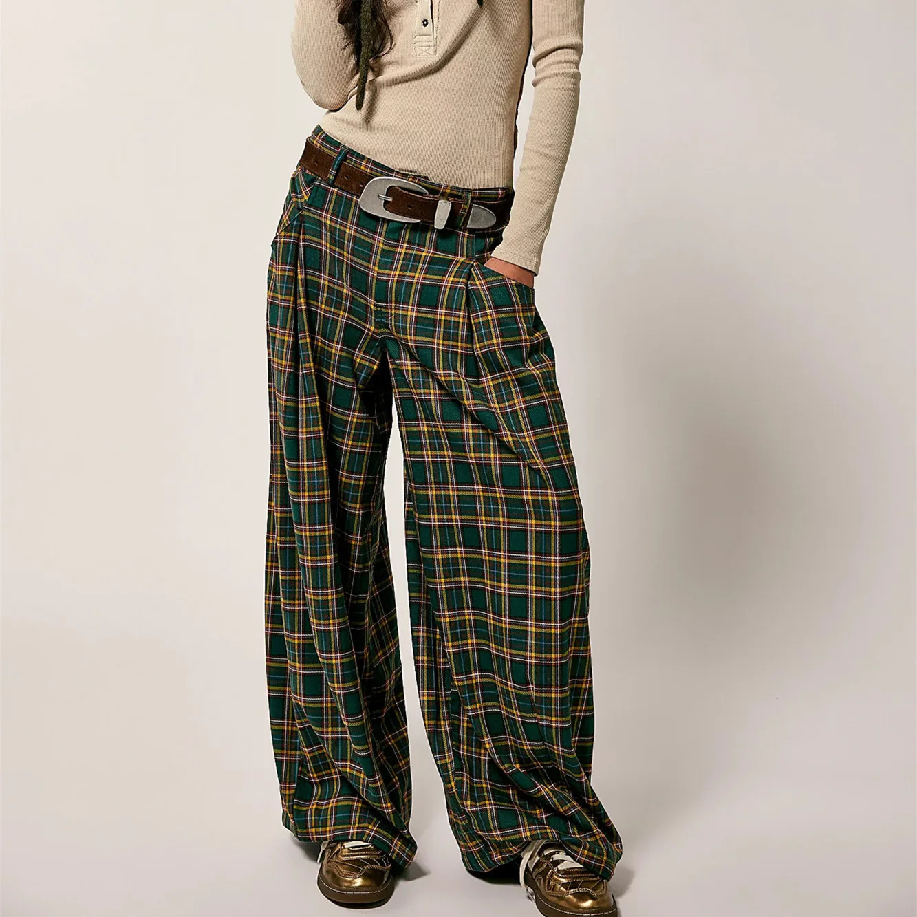 Vintage Plaid Baggy Trousers for Women Y2k Gingham Wide Leg Mid Rise Holiday Fall Spring High Street Tartan Pants with Pockets 260724BJ