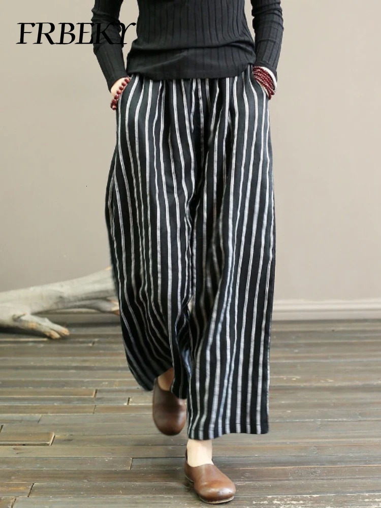 Womens Pants Summer Vintage Cotton and Linen Striped Wide-leg Pants Skinny Draped Casual Straight Nine Pants Casual Trousers 260723