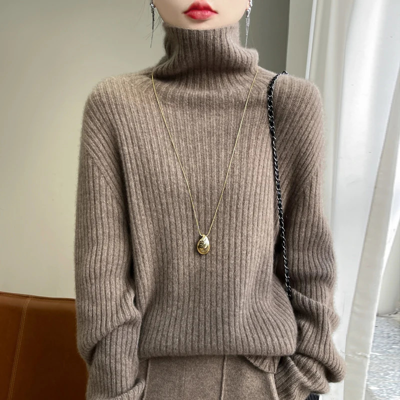 Women 100 Merino Wool Sweater Turtleneck Knitted Vertical Stripes Pullover Autumn Winter Thickened Cashmere Casual Knitwear Top 260723