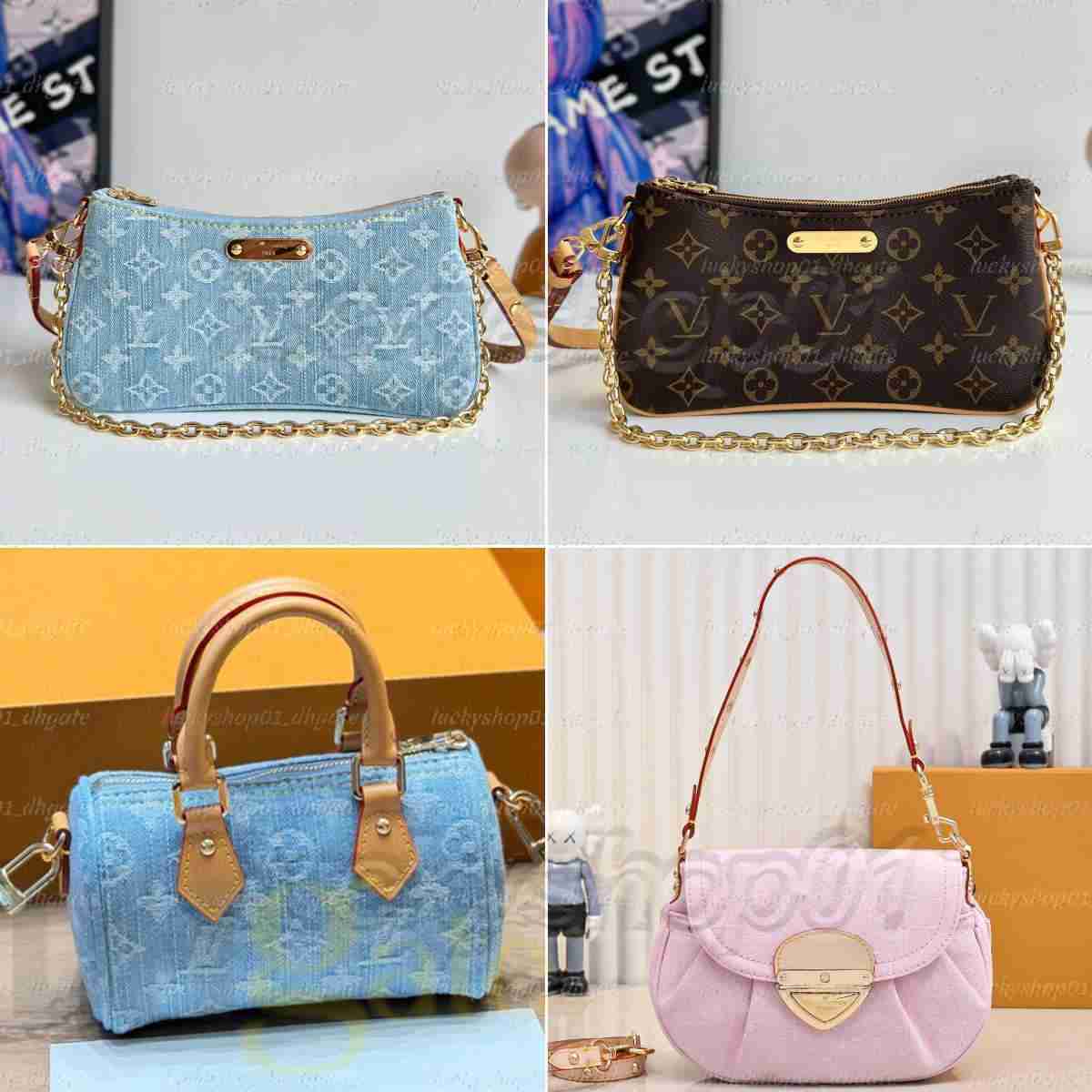Luxury Liv Pochette Light blue denim lvsitys Vintage jean Women Shoulder bag Embossed Old Flowers nano pink jean bag underarm purse embroidery sunse