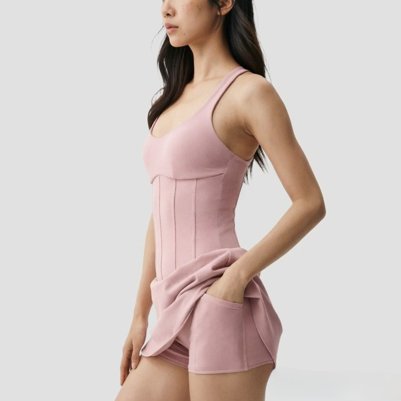Designer Strap Dress Yoga Tennis Dress Womens Sports Dress False Two-piece Badminton Skirt Quick-dry Beautiful Back Built-in Shorts with Pockets
