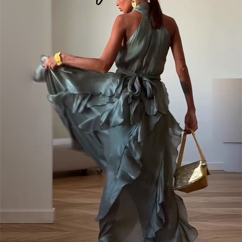 Sexy Cascading Ruffle Pleated Women Long Dress Fashion Lace Up Sleeveless Empire Female Dresses 2026 Spring Summer Lady Robe 260724
