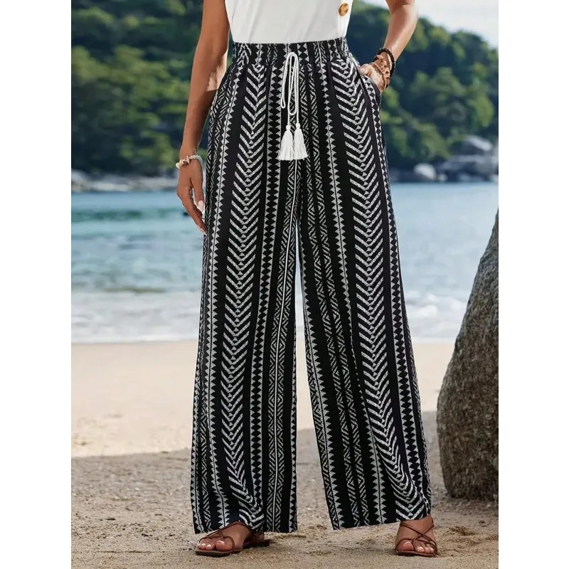 Plus Size 1XL-5XL Womens Striped Printed Casual and Simple Wide Leg Pants Ladies Casual Lace Up Leg Pants 260722BJ