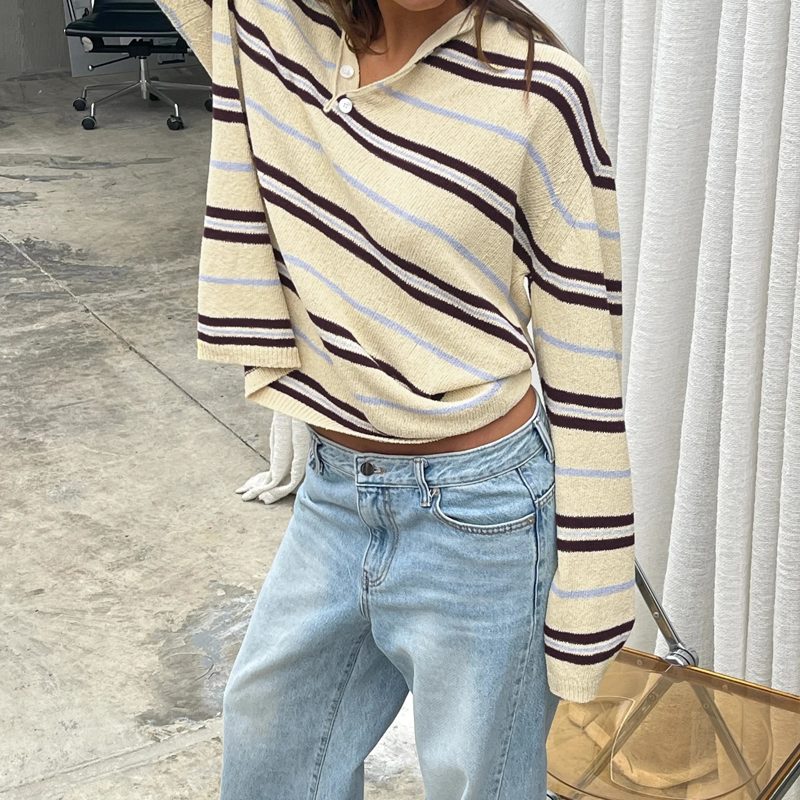 Womens Fall Patchwork Winter Knit Tops Loose Fit Casual Stylish Striped Ribbed Trim Long Sleeve Collared Sweater 260723