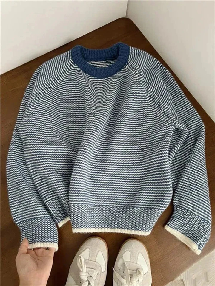 Blue Striped Sweater for Women Y2K Autumn Winter Loose Lazy Style Patchwork Pullover Female Korean O Neck All Match Jumpers 260723