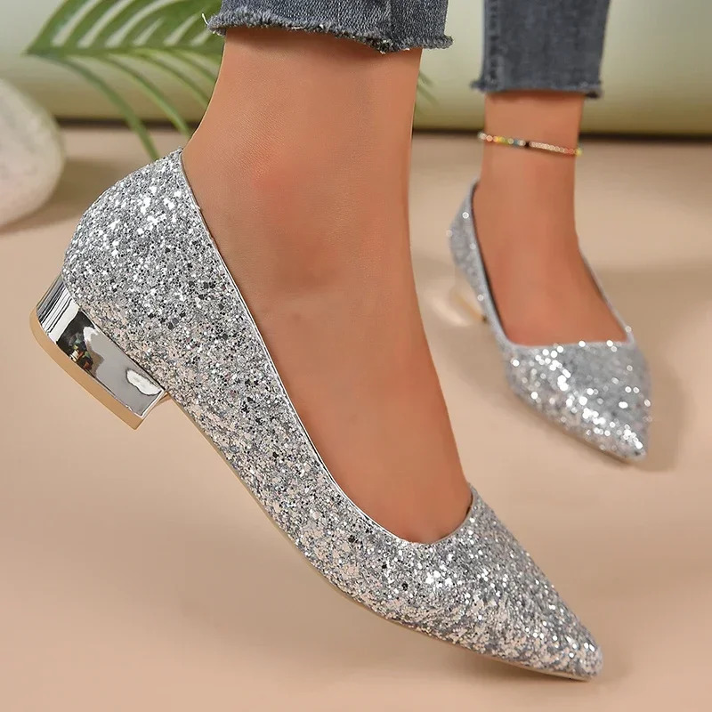 Silver Low Heels Pumps Women Spring Autumn Shiny Sequins Pointed Toe Party Shoes Woman Plus Size Simple Thick Heeled Shoes Lady 260724