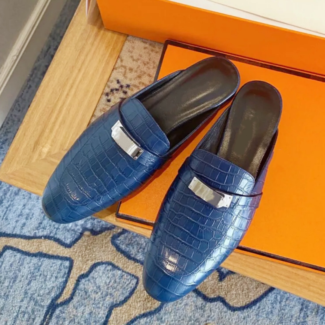 Luxury crocodile leather house slipper Mule slide Designer dress shoe woman walk Formal shoe wedge chunky Block heel Booties Scuffs sexy casual Plat