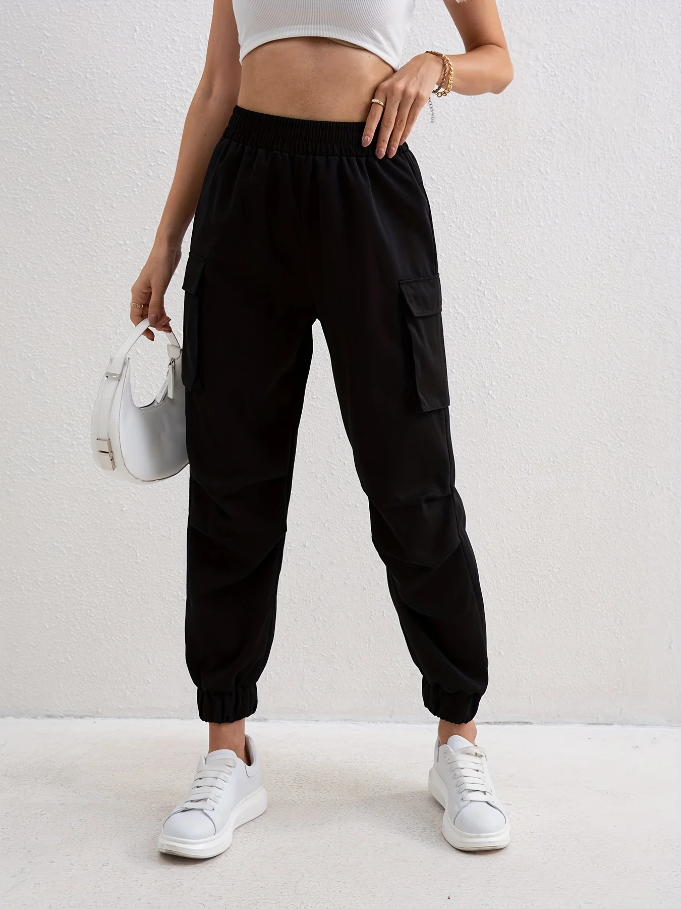 Solid Color Trendy Womens Loose Workwear Trousers Elastic Waist Multiple Pockets Cargo Pants Versatile Comfortable Fit 260723