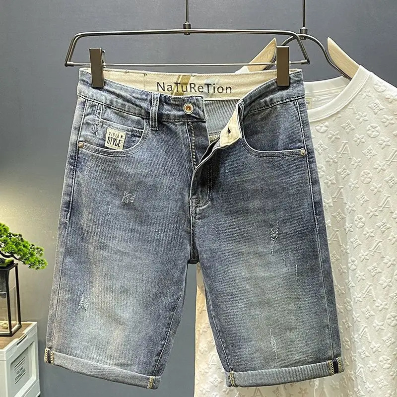 Summer Casual Ruffian Handsome Retro Old Scratched Denim Shorts Mens Straight Jorts Loose High Street Versatile Half Pants 260721banjia