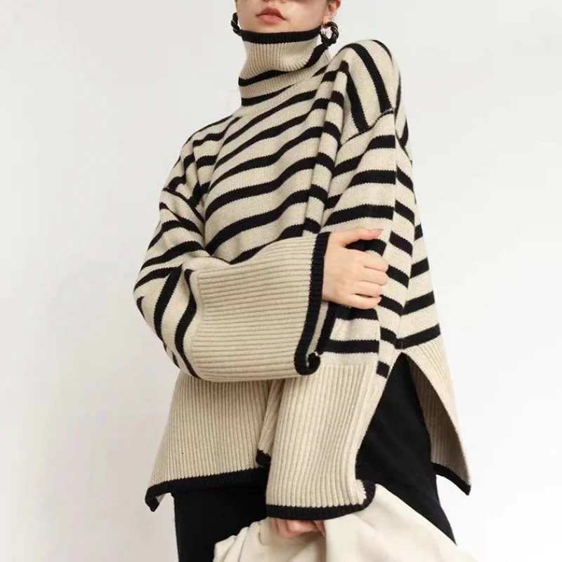 Womens Striped Turtleneck Sweater Autumn and Winter Loose n Niche Knitwear Pullover Coat 260723
