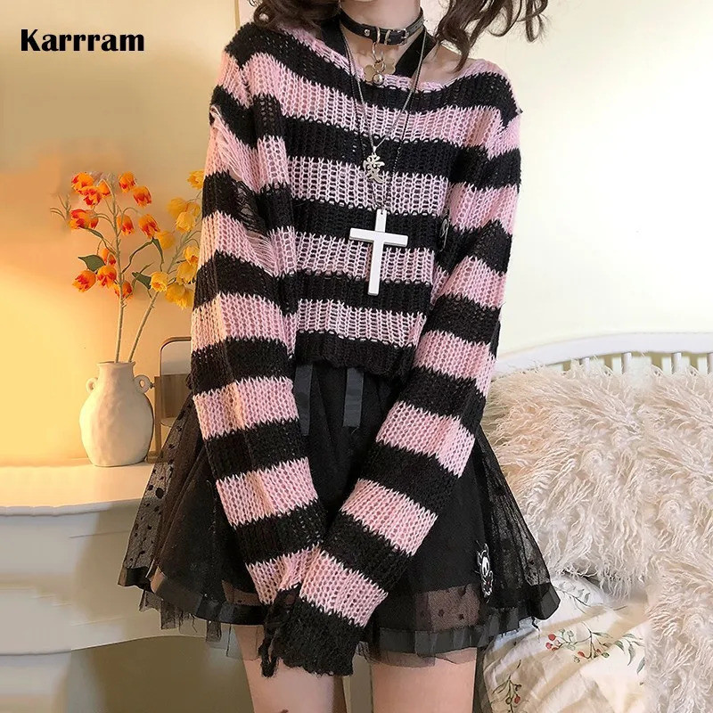 Karrram Pink Striped Gothic Sweaters Women Ripped Holes Loose Knitted Pullover Frayed Fairy Grunge Jumpers Emo Streetwear Lolita 260723